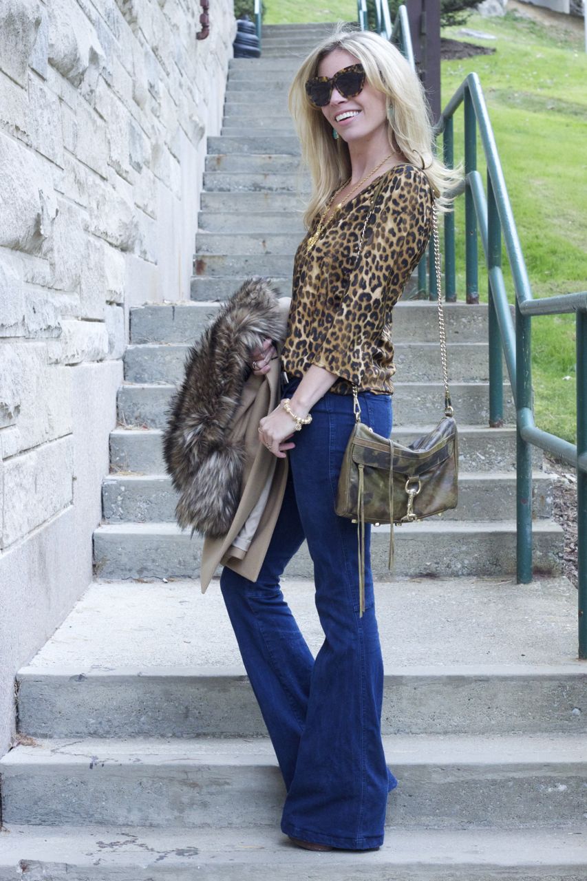 bellbottom jeans leopard blouse
