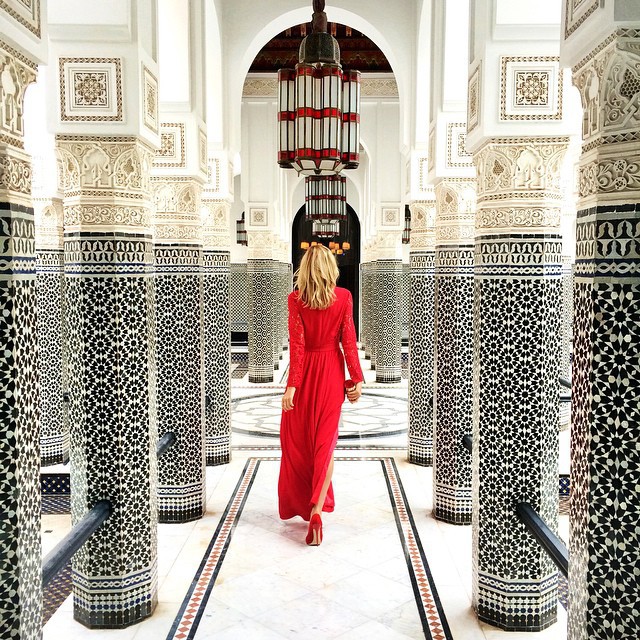 black and white moroccan tile red dress