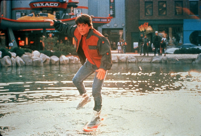 Marty McFly on a hoverboard in a still photo from the original 1989 movie