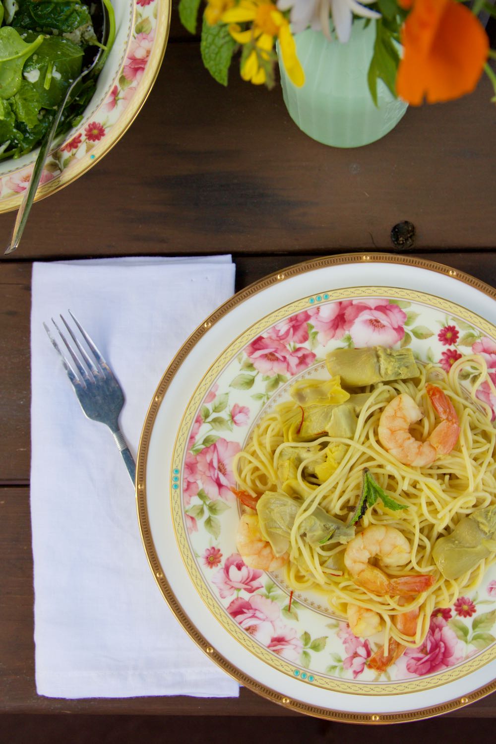 An easy pasta and shrimp dish with artichoke hearts