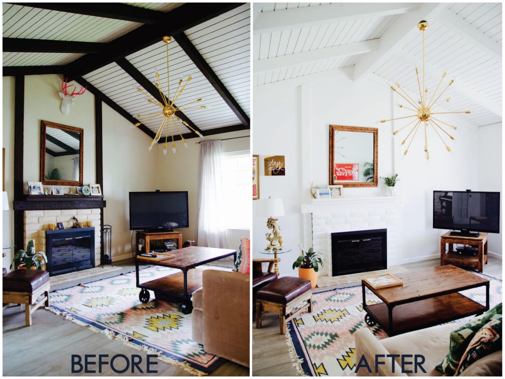 Before and after of a living room with exposed beams