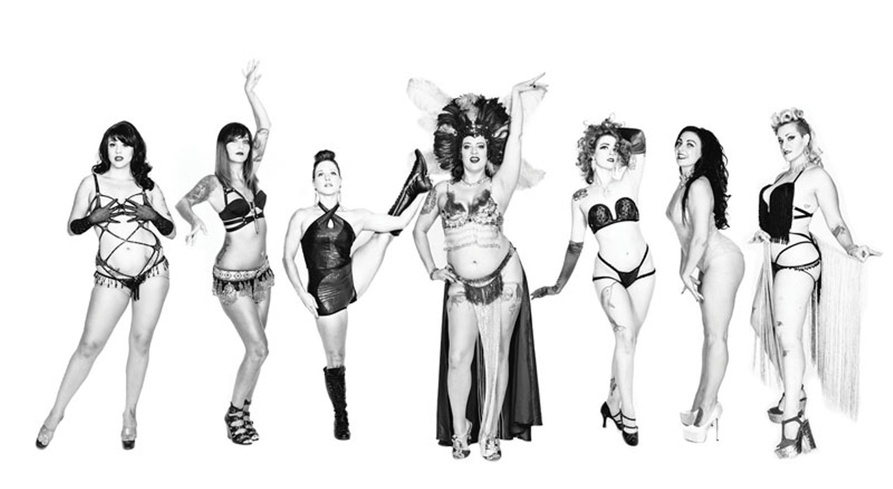 Black and white lineup of burlesque dancers