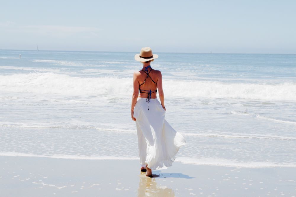 long white skirt at the beach