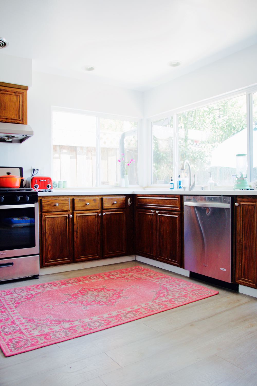 pink moroccan style rug in the kitchen