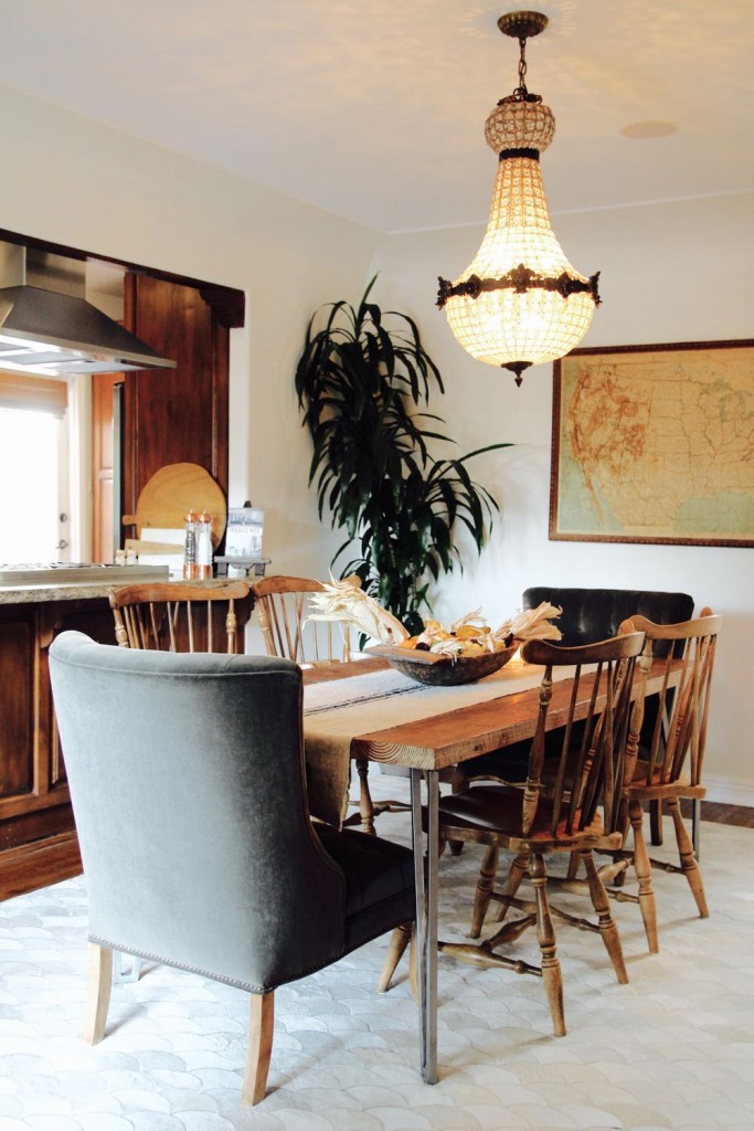 Midcentury modern dining room with mismatched chairs