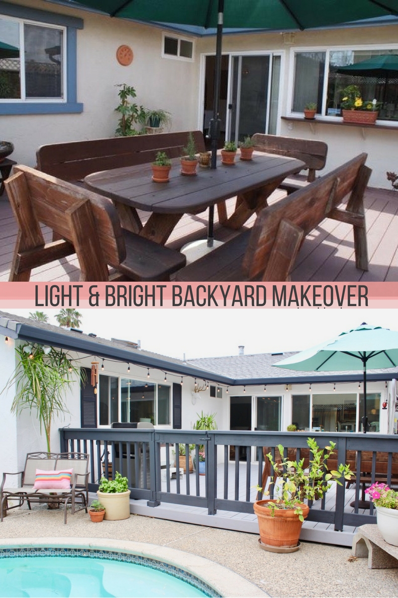 Light grey deck backyard makeover on a budget
