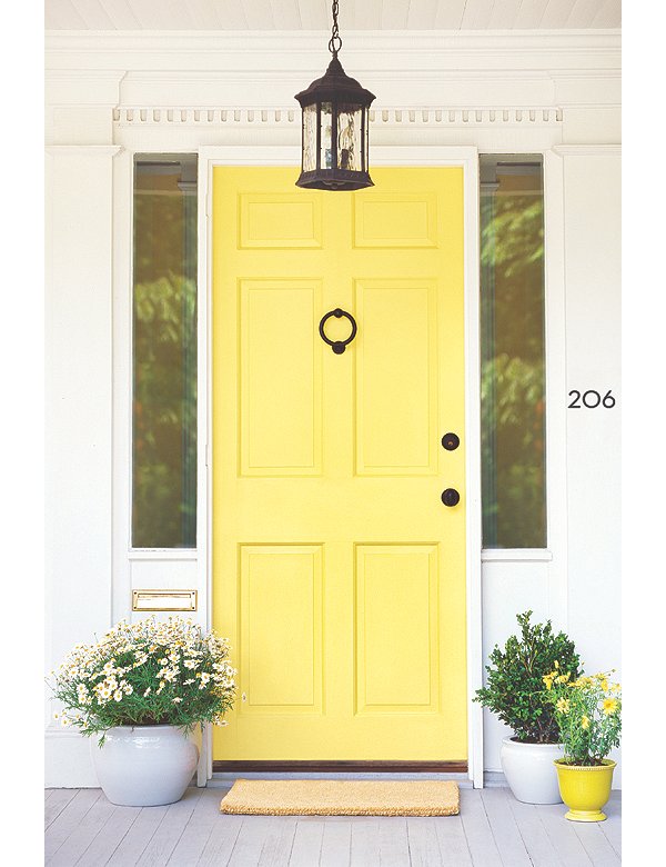 lemon yellow door with black accents