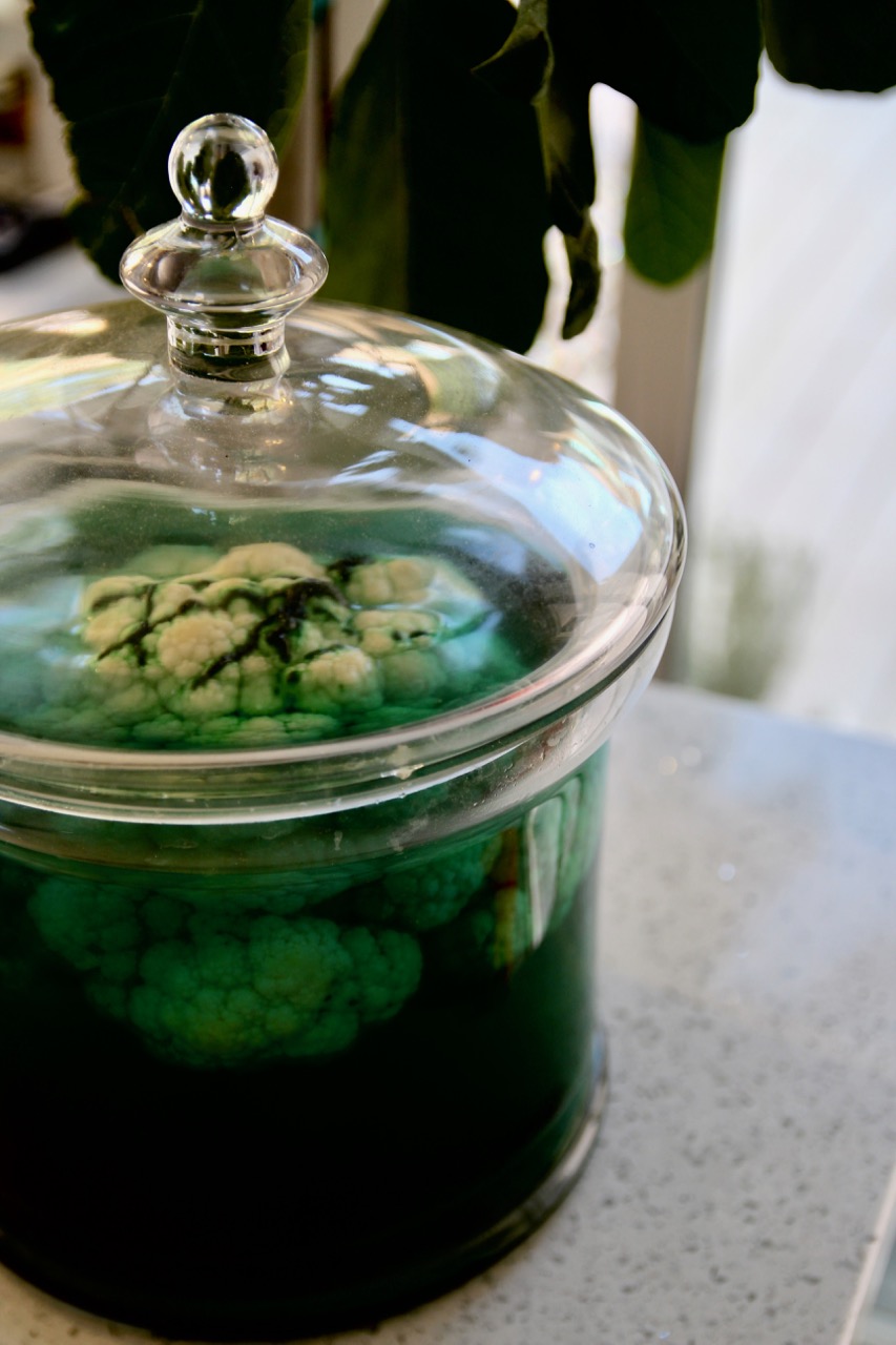 cauliflower brain in an apothecary jar for Halloween 