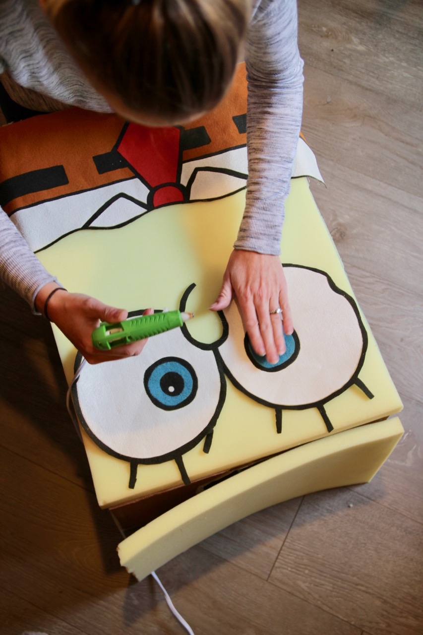spongebob squarepants costume made with a box and foam