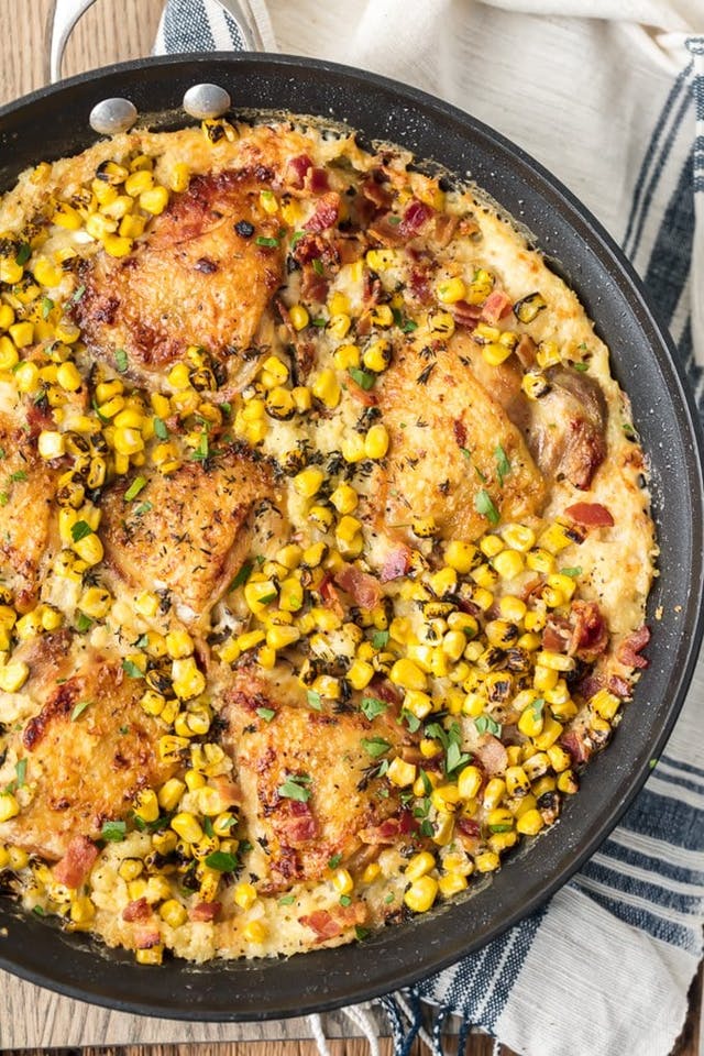one pot creamy chicken with couscous bacon and corn