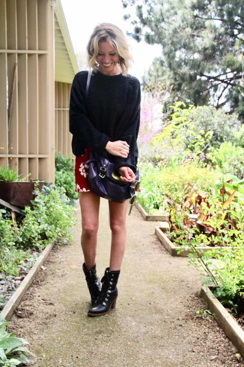 floral reformation minidress with heel combat boots