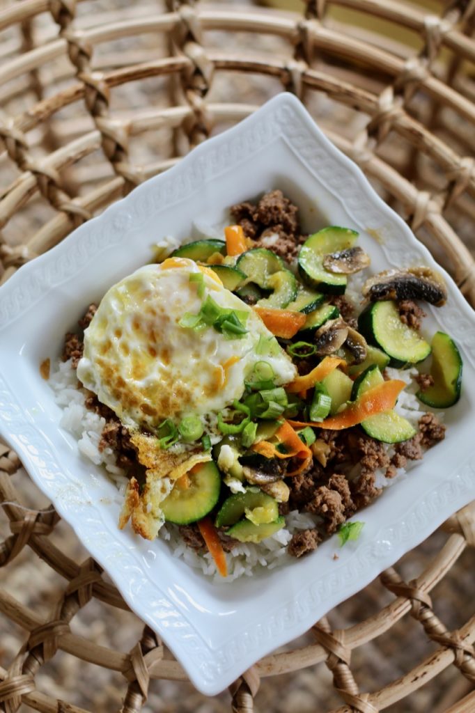 easy Korean beef bibimbap with a fried egg